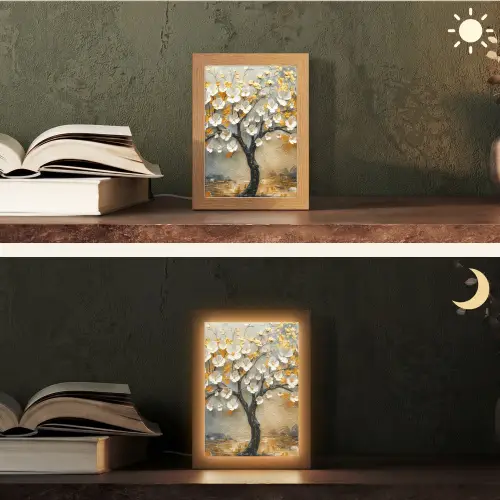 Boom - Bloemen - Goud - Beige Light Box met kabel (Tafellamp) klein -sfeer3
