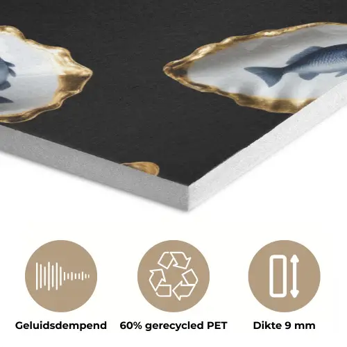 Oesters - Vissen - Blauw - Goud PET vilt klein -closeup_NL