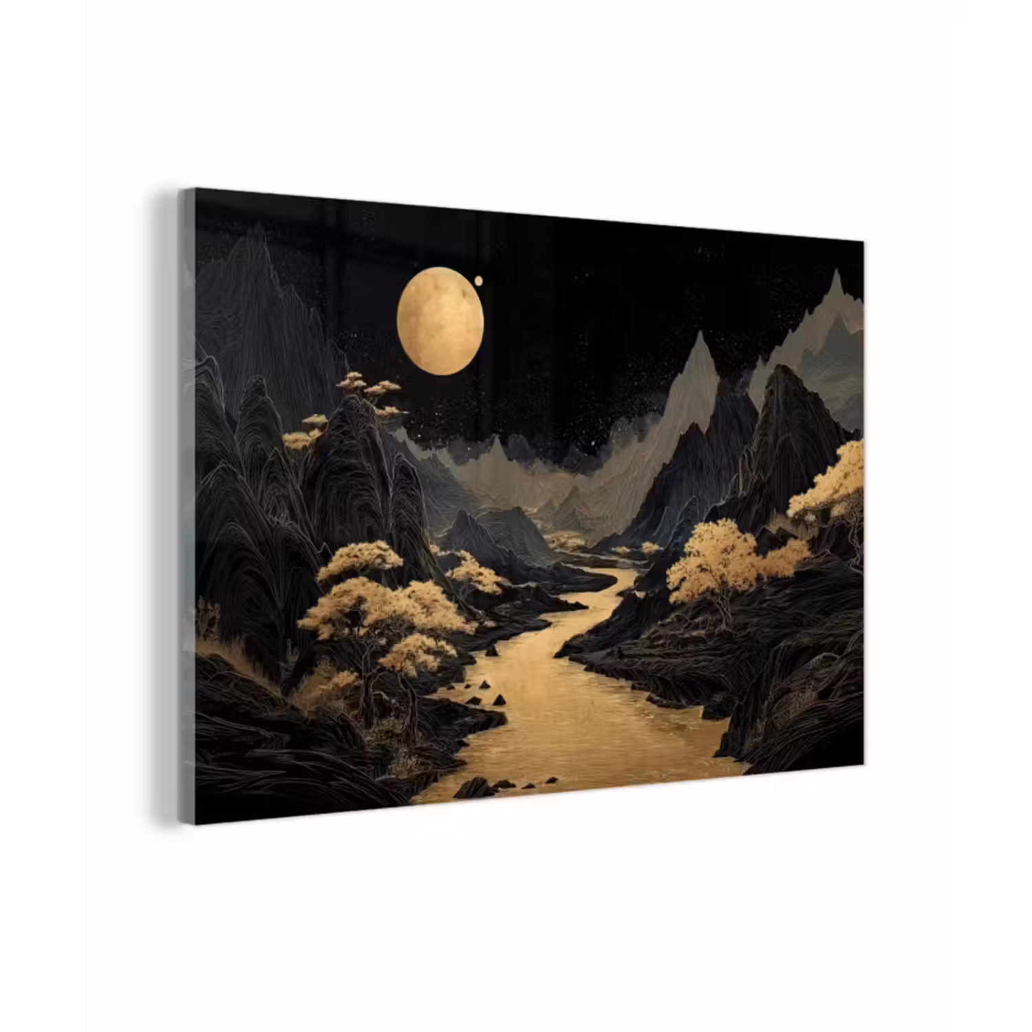 Glasbild - Goldener Fluss - Berge - Mond - Sternenhimmel