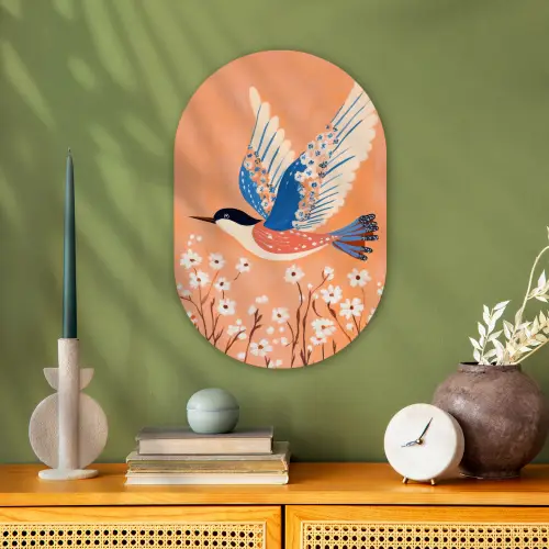 Vogel - Bloesemtakken - Warm - Kleurrijk Wandcirkel Ovaal Forex klein -sfeer2