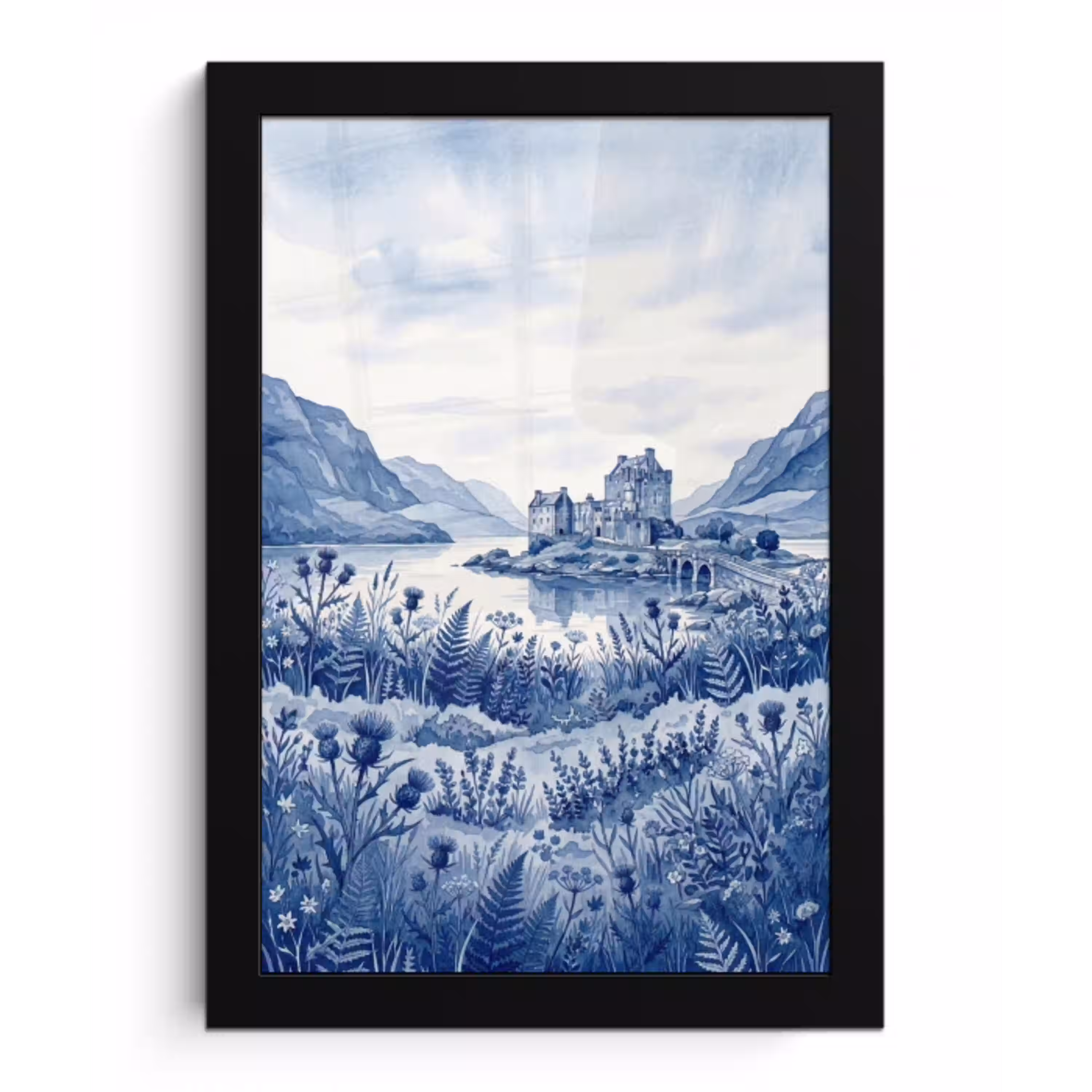 Schots - Kasteel - Blauw - Aquarel fotolijst zwart zonder passe partout klein -3d