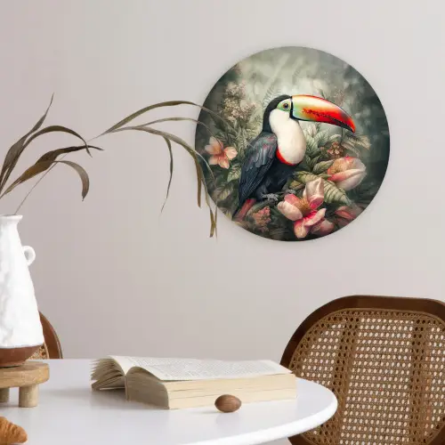 Toekan - Vogels - Bloemen - Planten - Tropisch Wandcirkel kunststof plaat 5mm dik klein -sfeer4