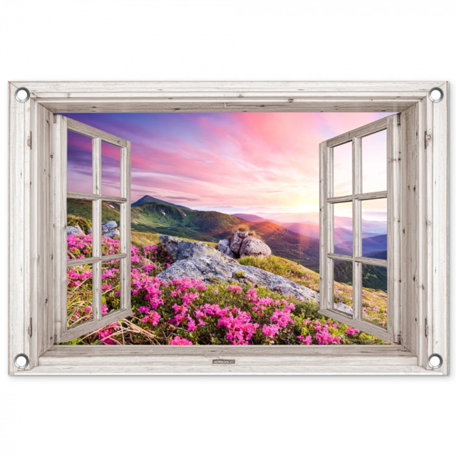 Uitzicht op Bergen met Bloemen tuinposter los doek klein -3d