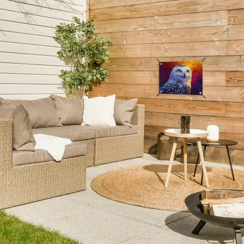 Sneeuwuil - Schilderij - Kleurrijk - Wit tuinposter los doek klein -sfeer4