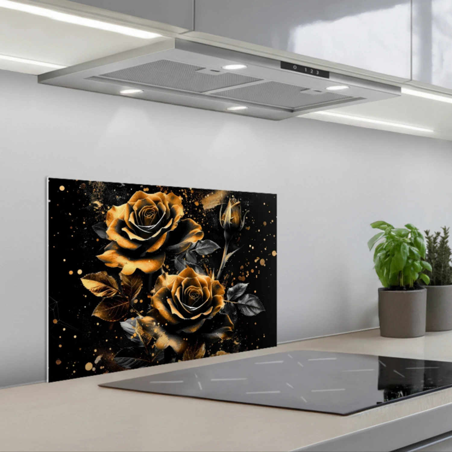 Bloemen - Goud - Zwart - Kunst keuken achterwand spatscherm klein -3d_schuin
