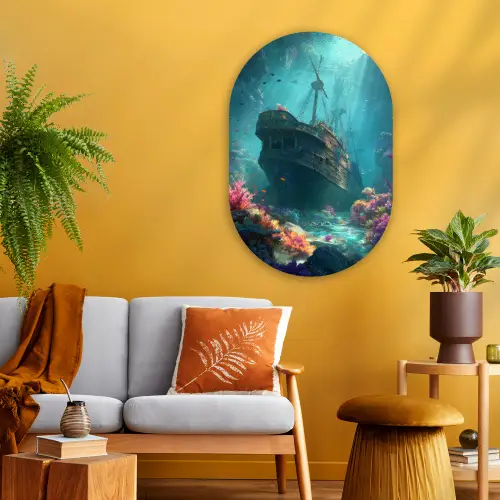 Schip - Hout - Koraalriffen - Zonlicht Wandcirkel Ovaal Glas middel -sfeer4