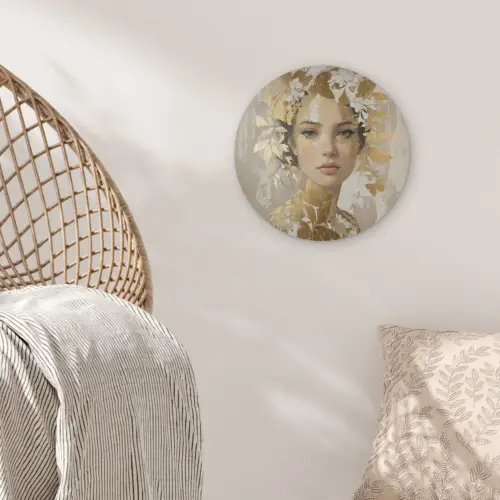 Gezicht - Vrouw - Bladeren - Goud Akoestische PET Vilt - Rond klein -sfeer4
