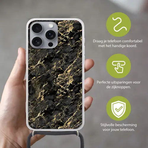 Marmer - Zwart - Goudstructuur Hoesje iPhone 16 Pro Max met koord klein 804 -sfeer2_NL