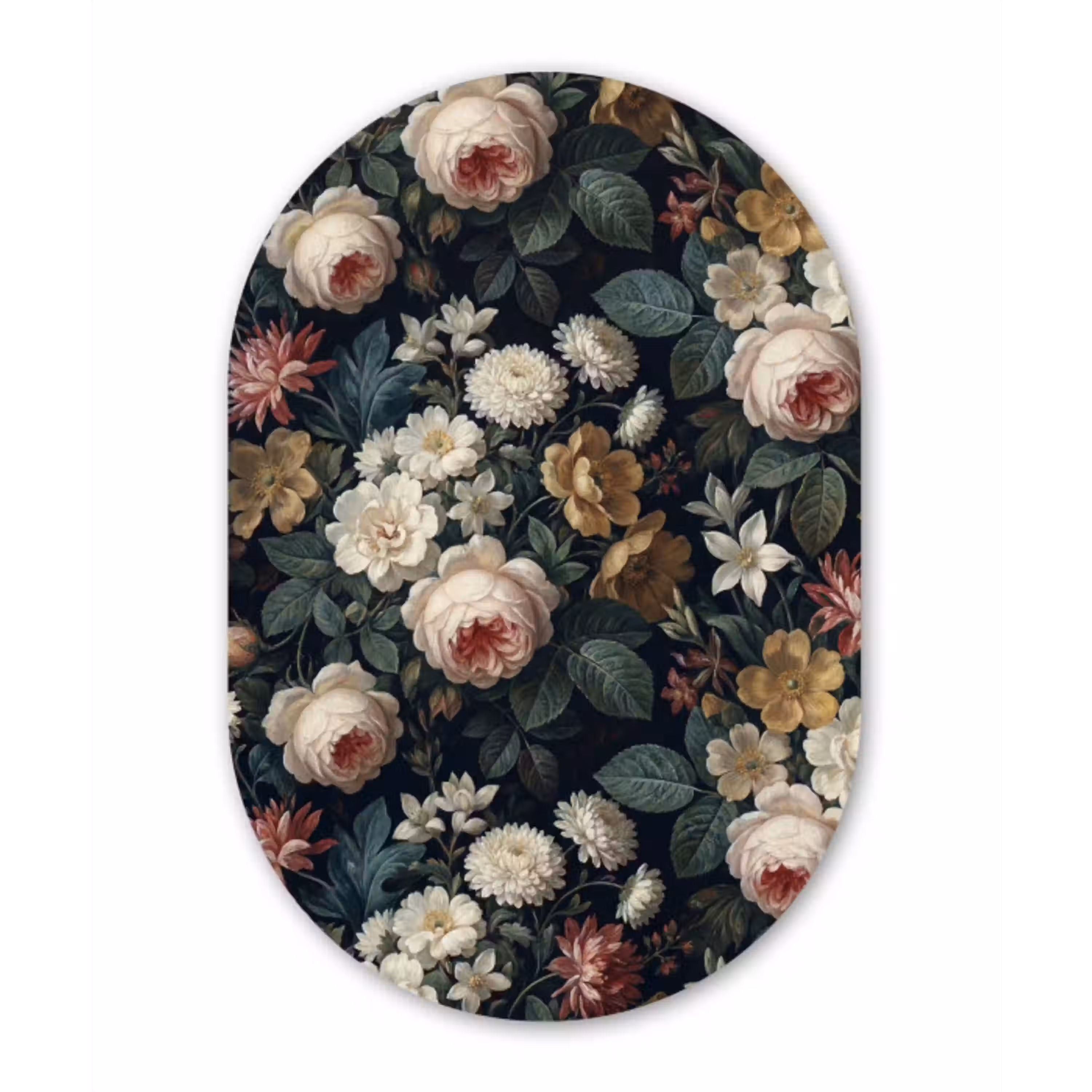Bloemen - Boeket - Botanisch - Vintage - Donkere achtergrond Wandcirkel Ovaal Aluminium middel -3d
