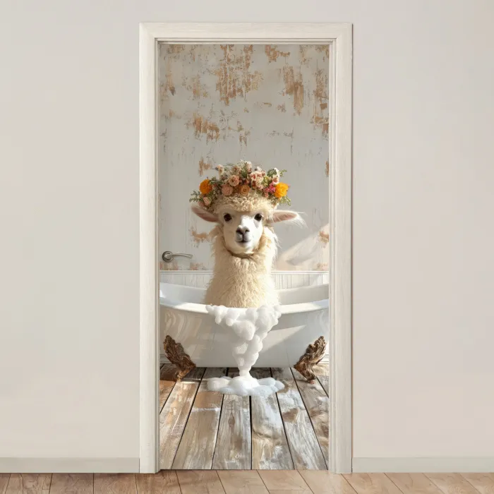 Vintage - Alpaca - Badkuip - Bloemen - Dieren deurposter klein -3d_beige