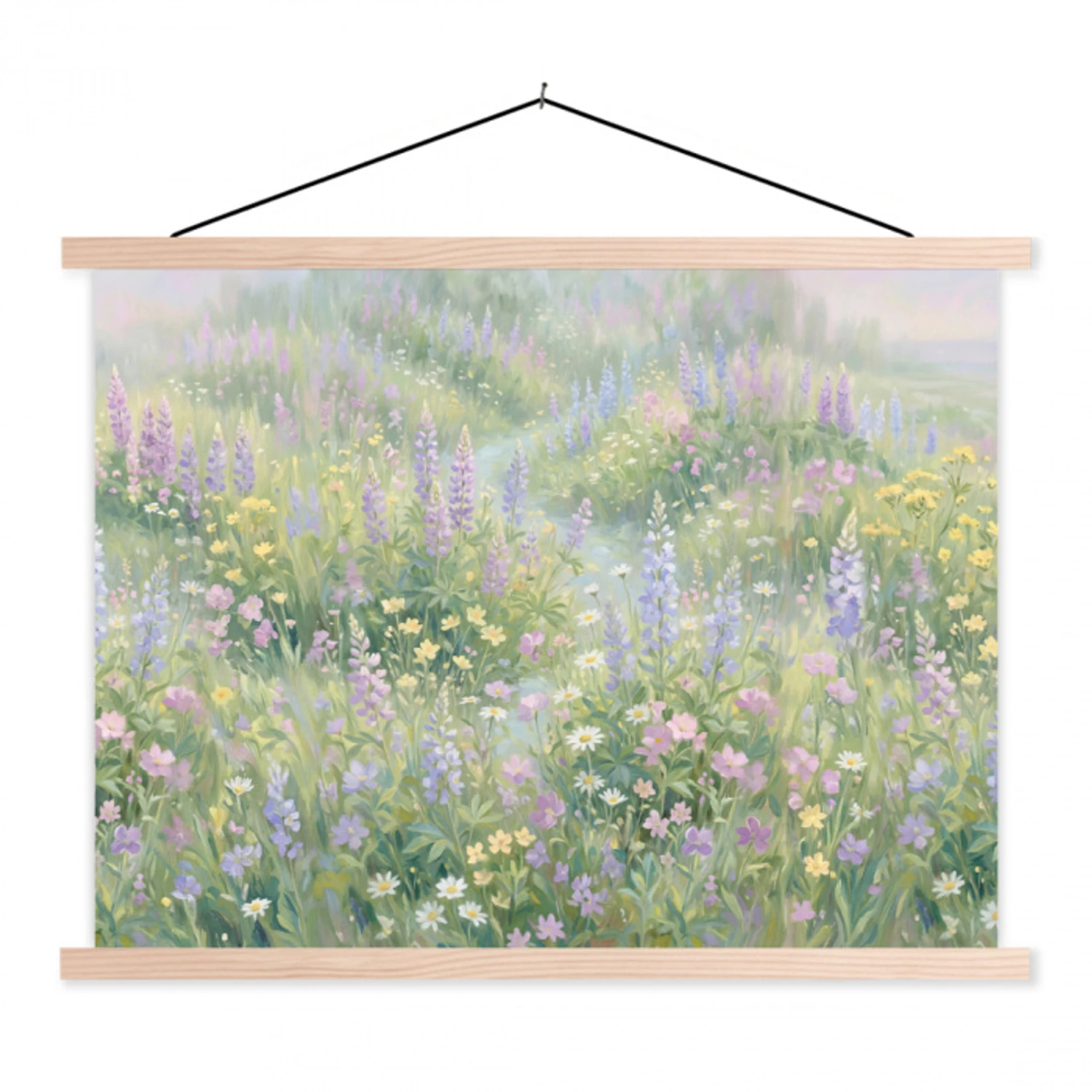 Bloemenveld - Heuvels - Kleurrijk textielposter latten blank klein -3d
