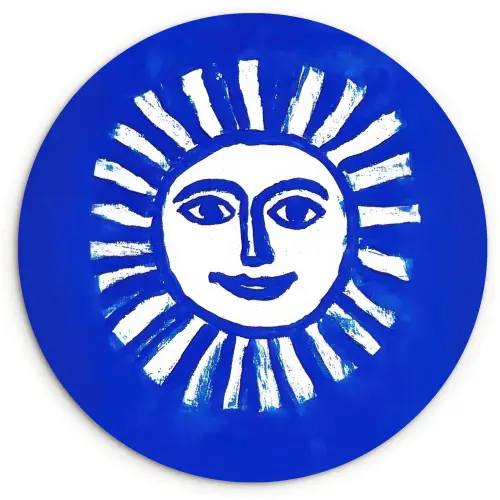 Zon - Gezicht - Penseelstructuur - Blauw Wandcirkel kunststof plaat 5mm dik klein -3d