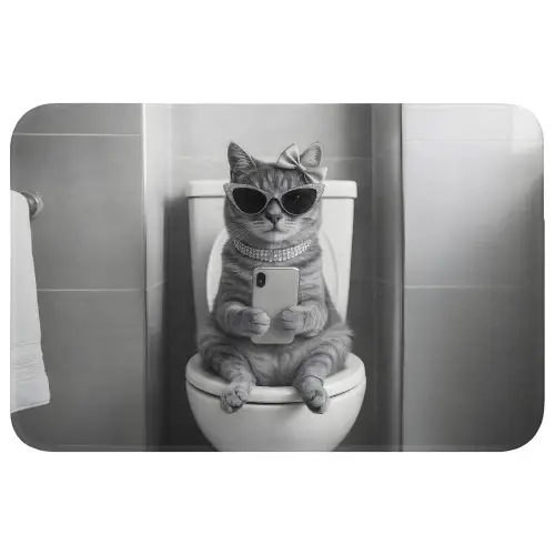 Kat - Telefoon - Toilet - Zwart - Wit Badmat klein -3d