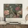 Groene papegaai - Kleurrijke bloemen - Donkere achtergrond PET vilt klein -sfeer1