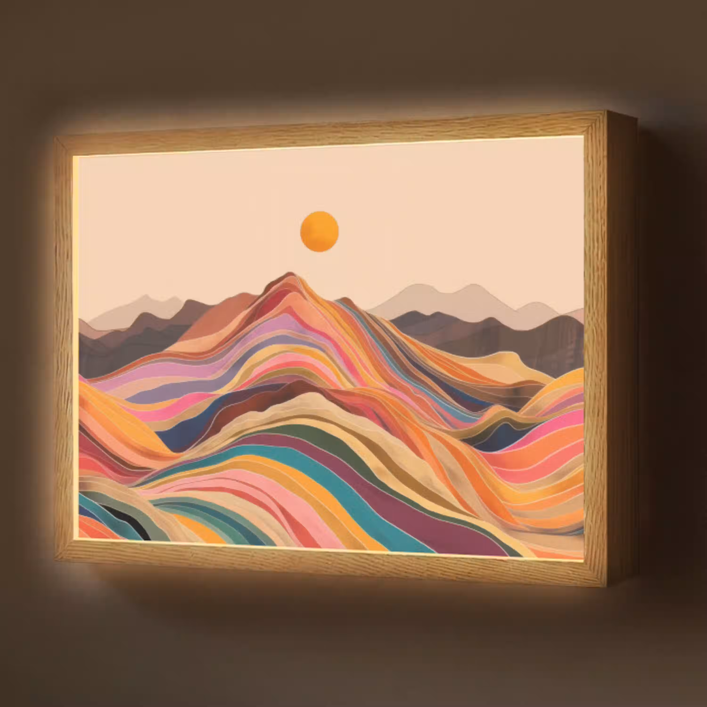 Zon - Kleurrijk landschap - Bergen Light Box met batterij (Wandlamp) middel -z3d_website