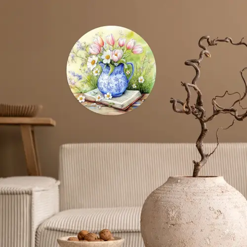 Vaas - Delftsblauw - Madeliefjes Wandcirkel behangsticker klein -sfeer1