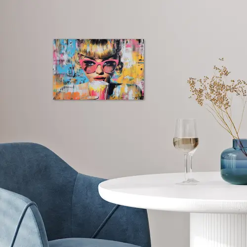 Zonnebril - Vrouw - Kleurrijk - Verfspetters poster papier klein -sfeer3