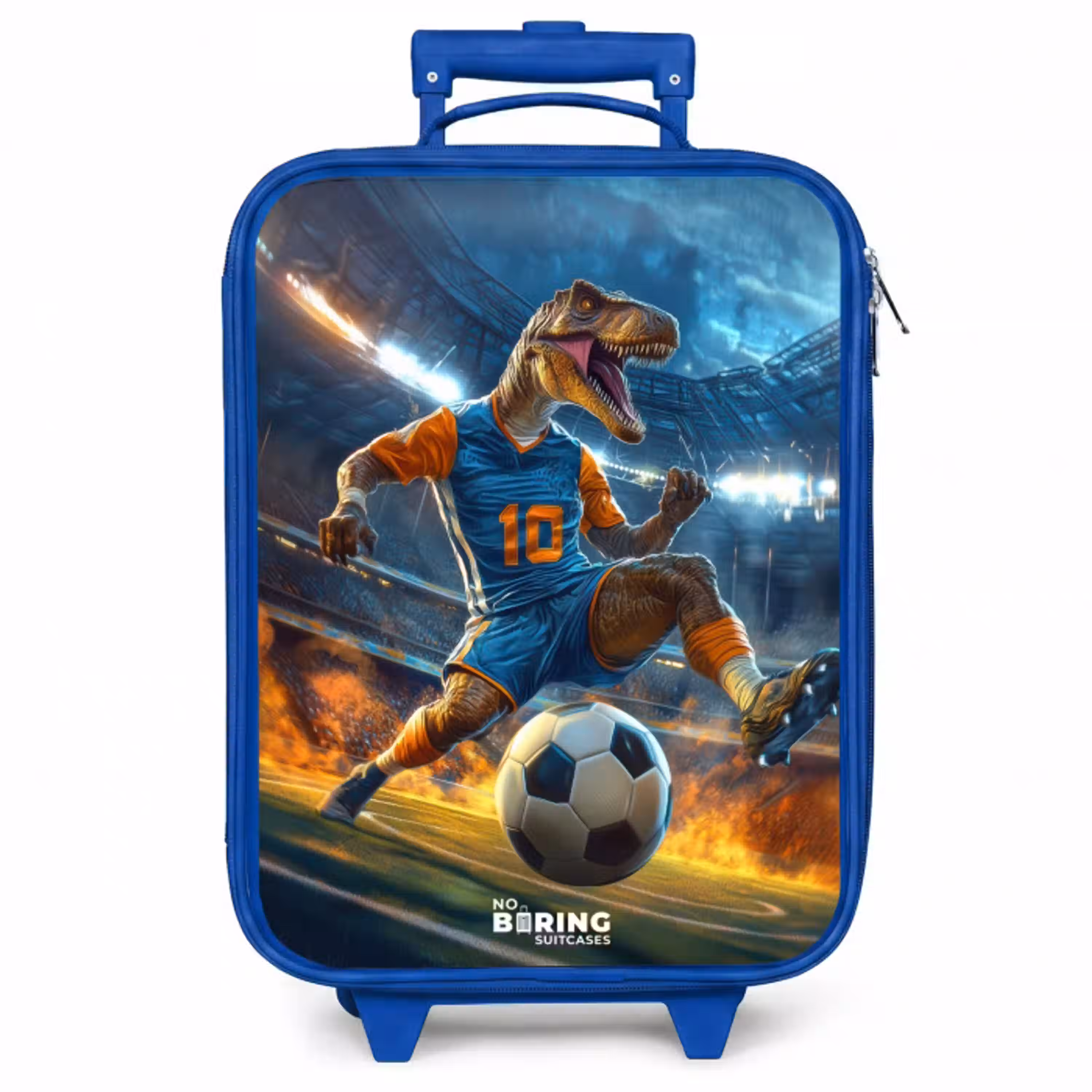T-Rex als voetballer in vol stadion Kinderkoffer - Blauw klein -zzz_website3d