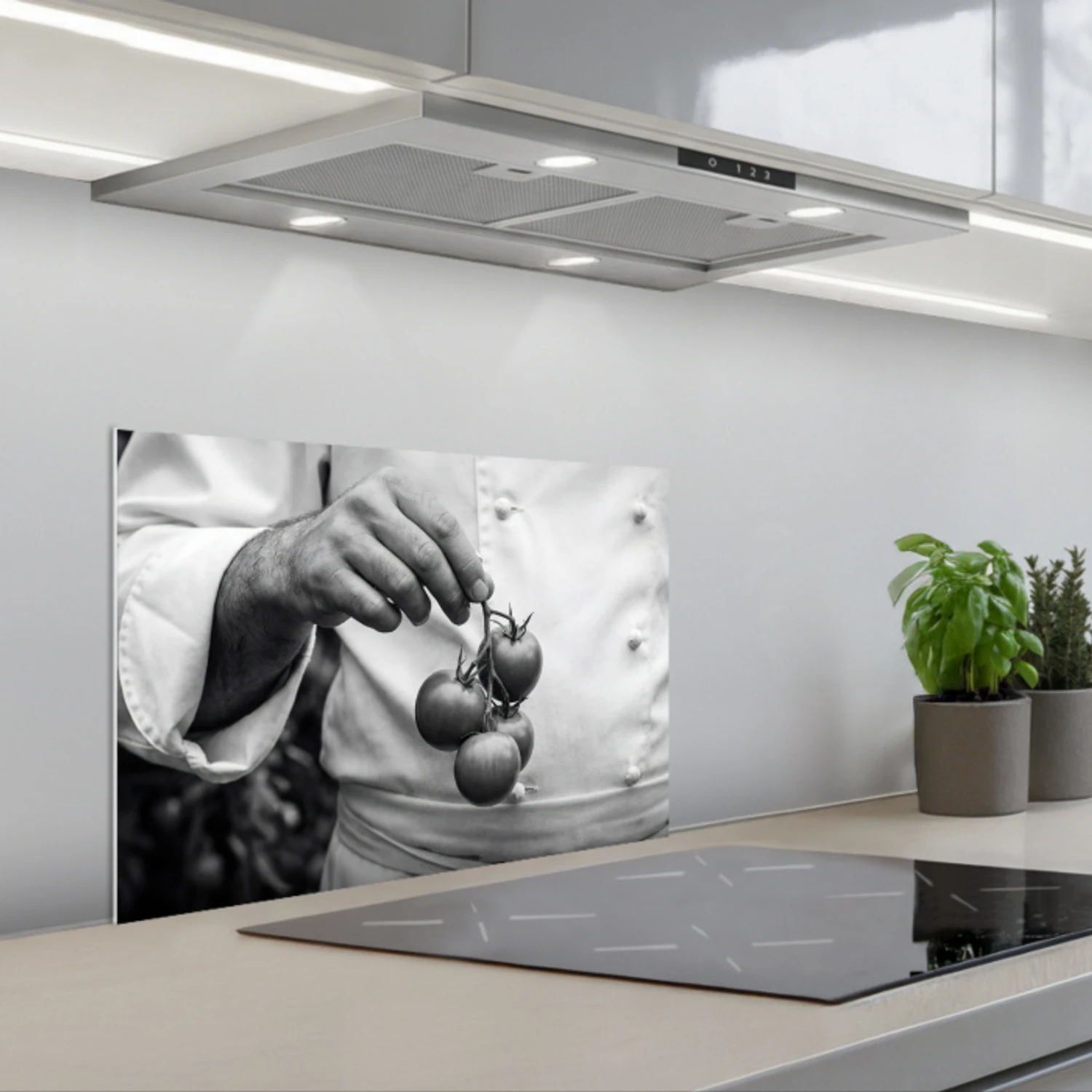 Tomaten - Chef - Zwart - Wit keuken achterwand spatscherm klein -3d_schuin