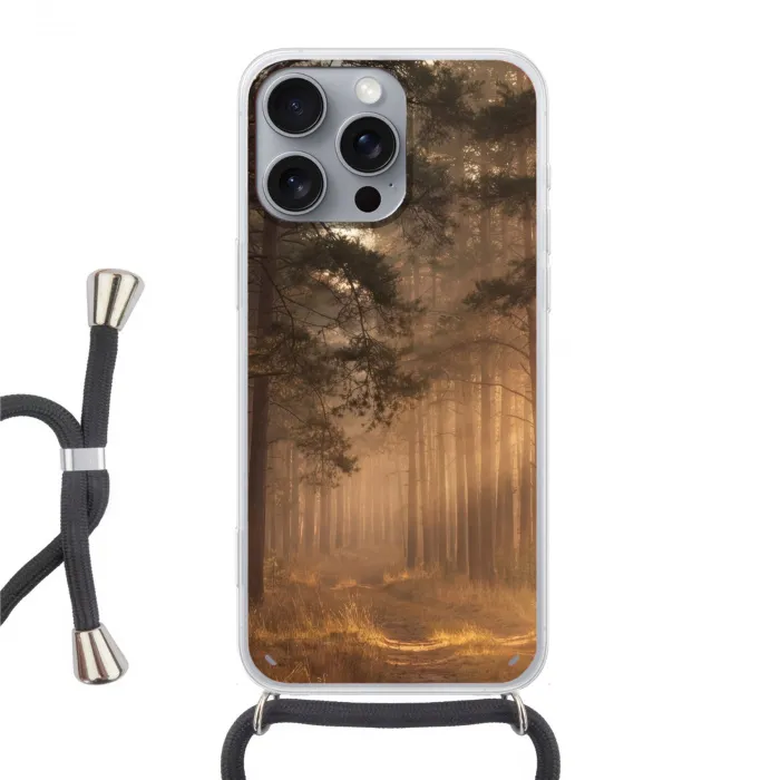 Bos - Mist - Zonlicht Hoesje iPhone 16 Pro Max met koord klein -3d