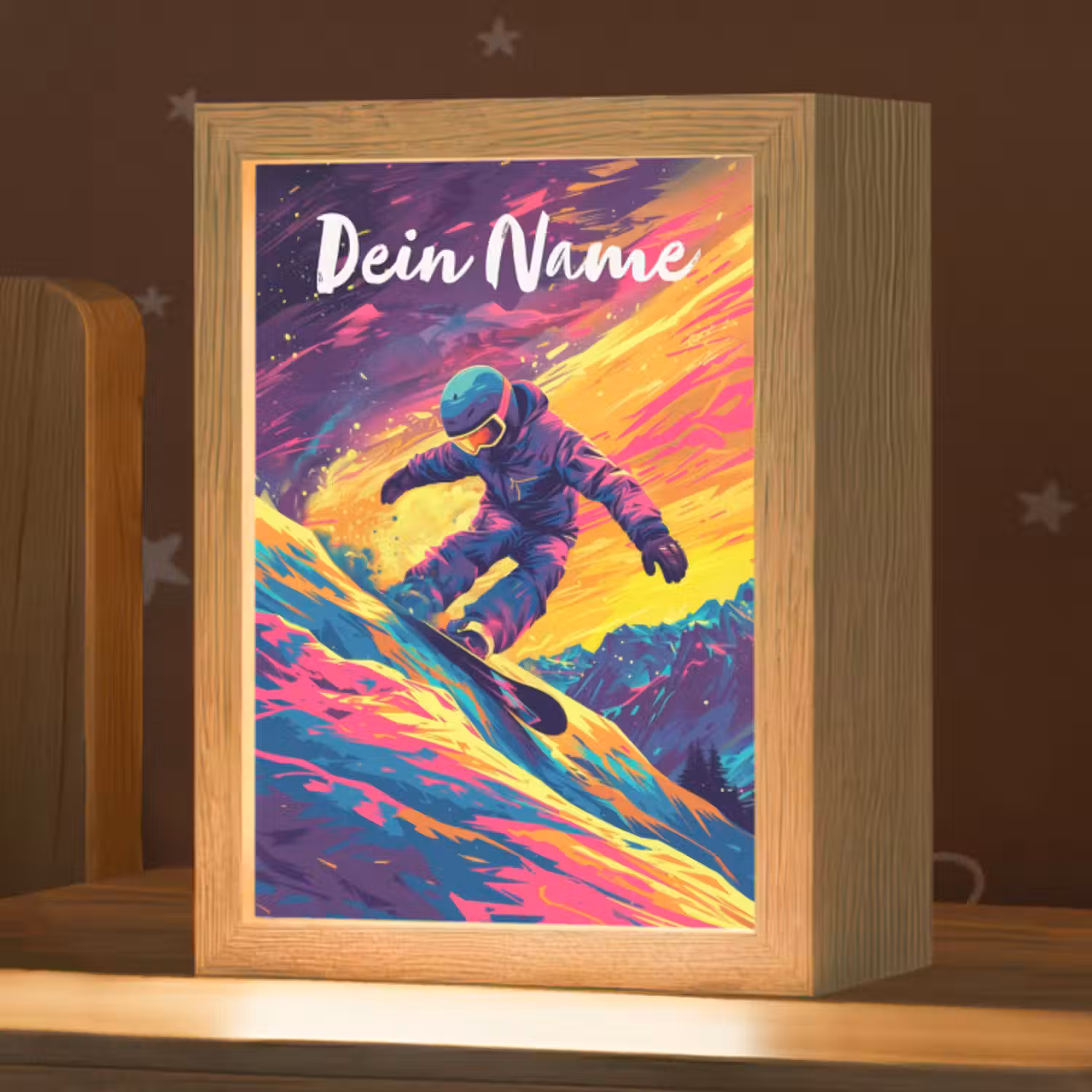 Nachtlicht Kinder mit Namen - Snowboarding - Schnee - Farbenfroh