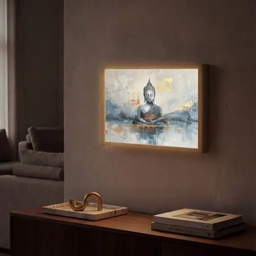 Buddha - Goud - Abstract - Modern Light Box met batterij (Wandlamp) middel -sfeer1