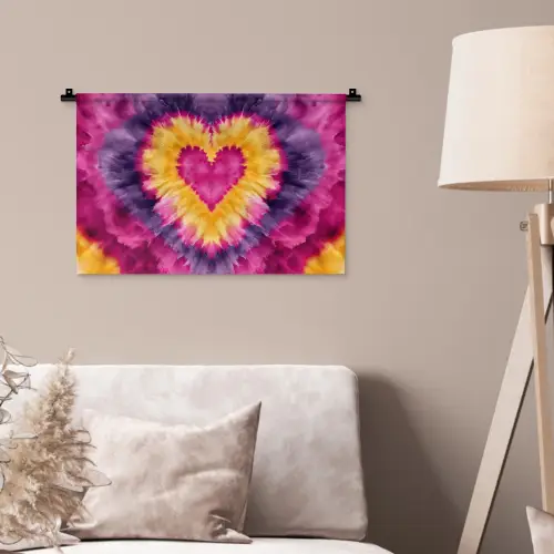 Tie dye - Hartvorm - Vlammen - Oranje Wandkleed katoen klein -sfeer4