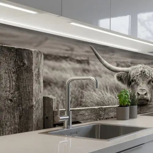 Schotse hooglander - Zwart - Wit - Hout keuken achterwand 2 middel -3d_schuin