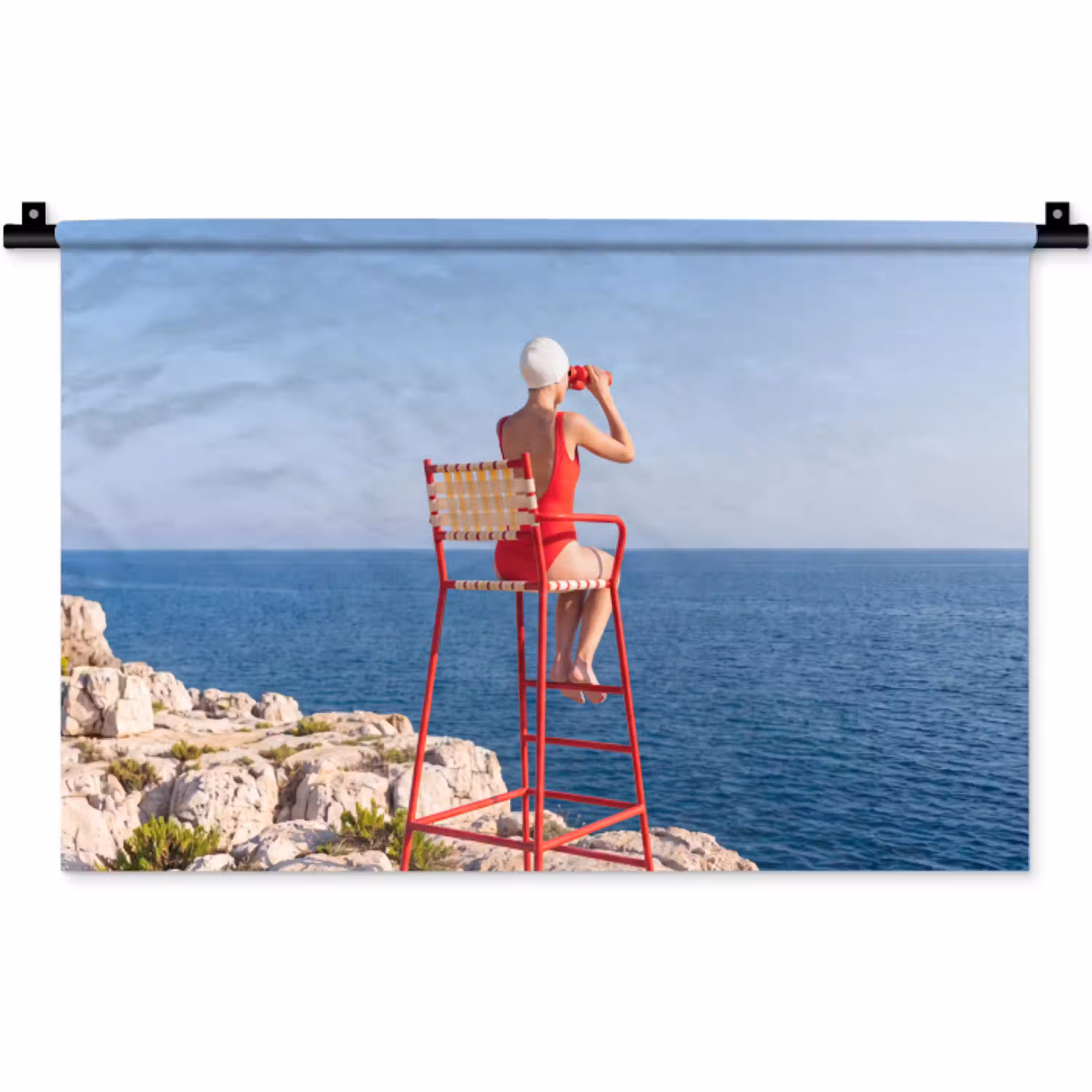Vrouw - Zee - Kust - Verrekijker - Rood Wandkleed katoen klein -zz3d