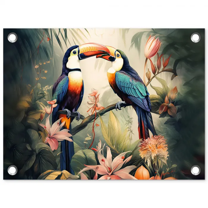 Toekan - Vogels - Bloemen - Natuur - Jungle tuinposter los doek klein -3d