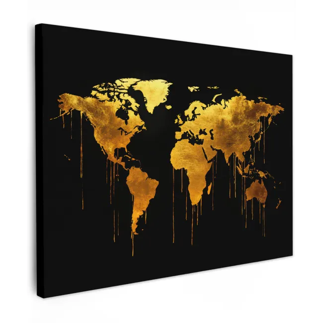 Canvas schilderij - Wereldkaart - Goud - Druipen - Zwart