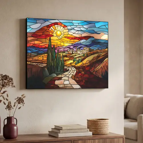 Mozaïek - Zon - Landschap - Dorp Textielframe zwart klein -sfeer3