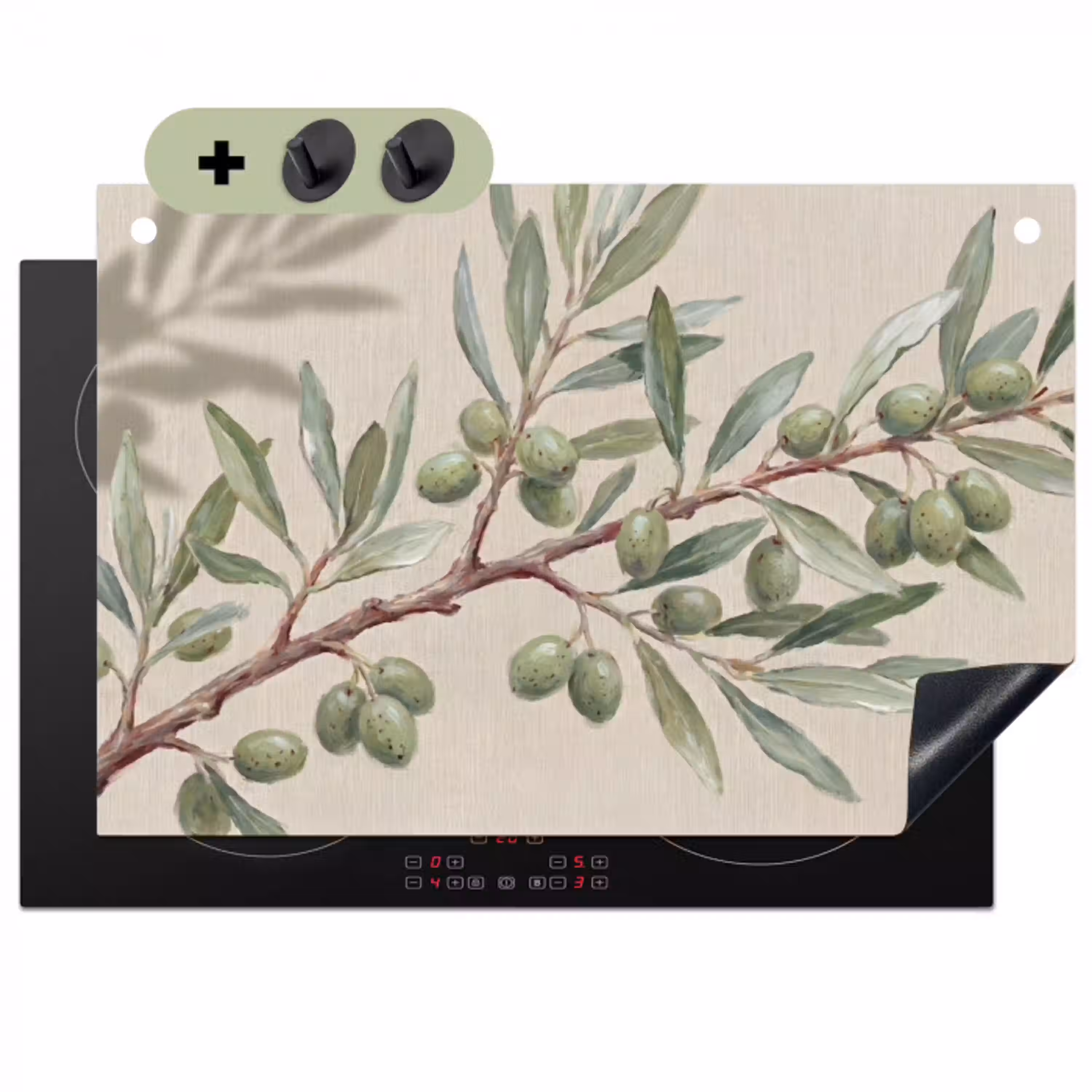 Olijftak - Bladeren - Natuur - Groen - Beige Inductie beschemer met haakjes klein -3d