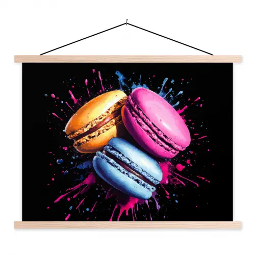 Macarons - Dessert - Graffiti - Kleurrijk - Roze - Blauw - Geel textielposter latten blank klein -3d