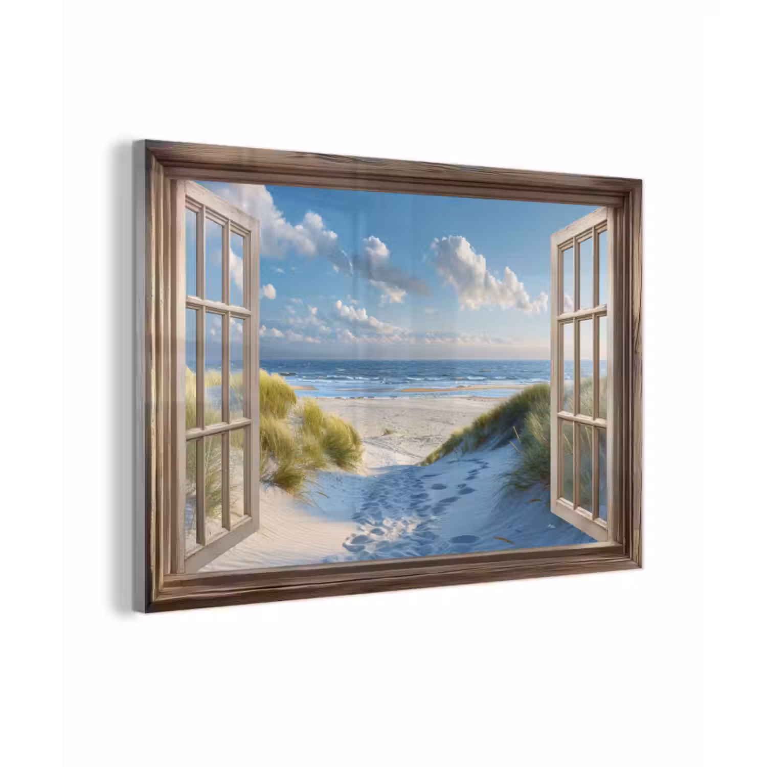 Glasbild - Aussicht - Strand - Fenster - Dünen - Meer