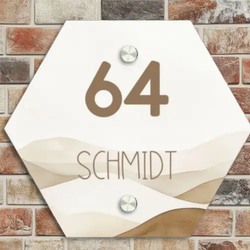 Beige landschap - Modern Naambord Hexagon klein -sfeer2