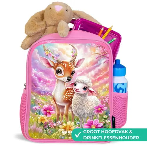 Hertje met een lammetje in pastelbloemenveld Kinderrugzak - Roze middel -inhoud_NL
