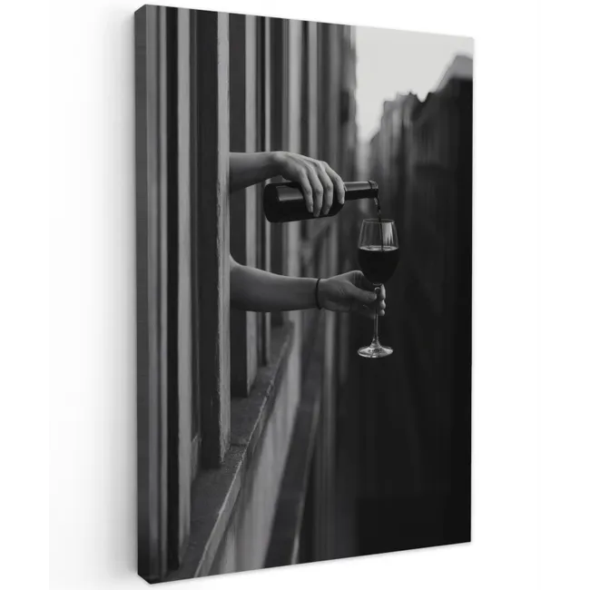 Wijnfles - Glas - Handen - Raam Tuinposter op houten frame 2 cm dik klein -3d