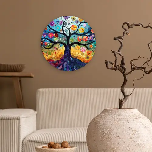 Kunst - Levensboom - Bloemen - Hippie Wandcirkel kunststof plaat 5mm dik klein -sfeer1