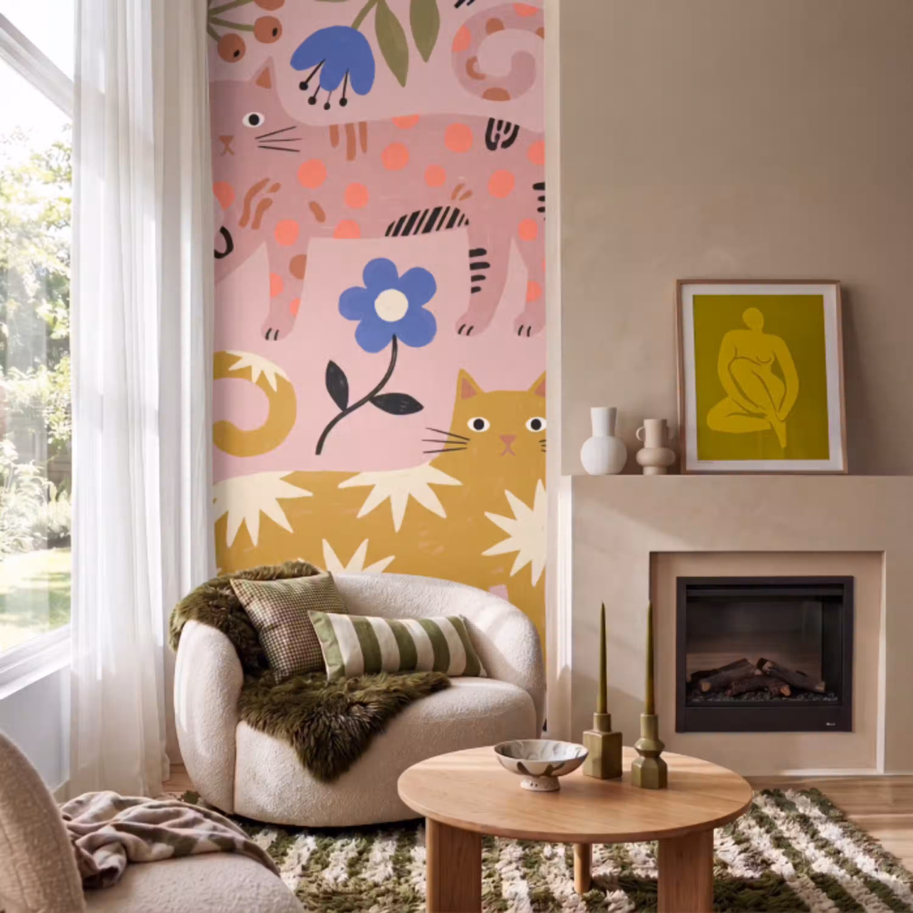 Kat - Bloemen - Dieren - Modern - Roze Behang Vlies klein -sfeer2