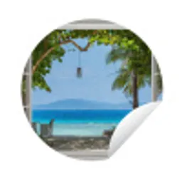 Doorkijk - Boom - Zee - Palmboom - Heuvels - Strand - Blauw Wandcirkel tuinposter met ringen klein -3d
