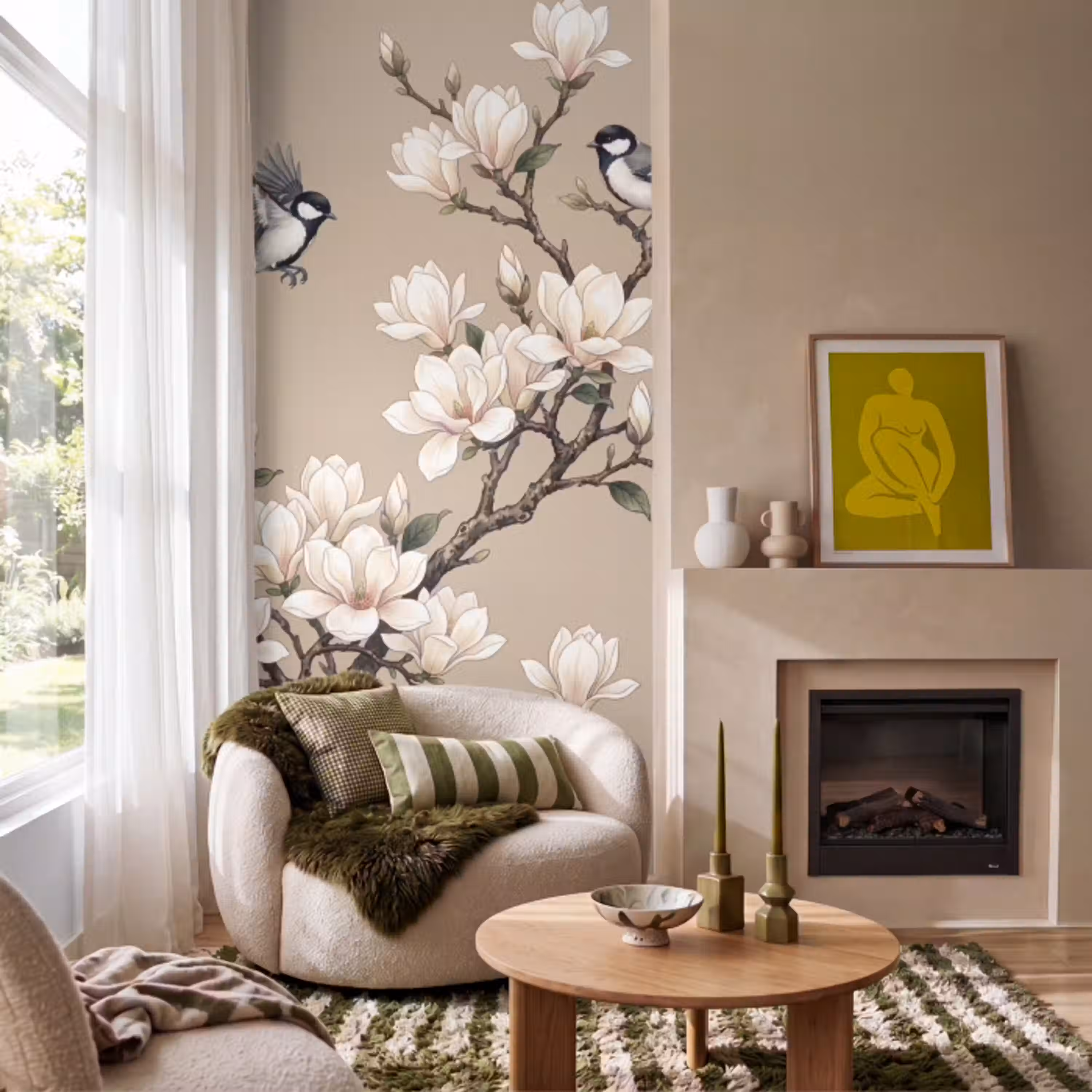 Oosters - Vogels - Beige Behang Vlies klein -sfeer2