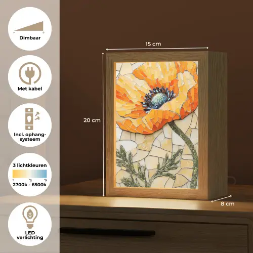 Klaprozen - Oranje - Mozaïek - Bladeren Light Box met kabel (Tafellamp) klein -USP_NL