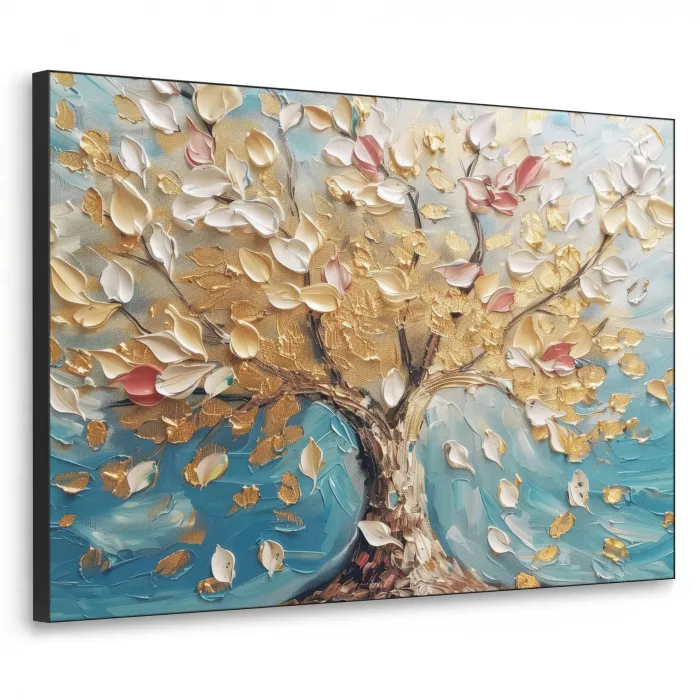 Boom - Blauw - Goud - Abstract - Modern Textielframe - compleet frame klein -3d