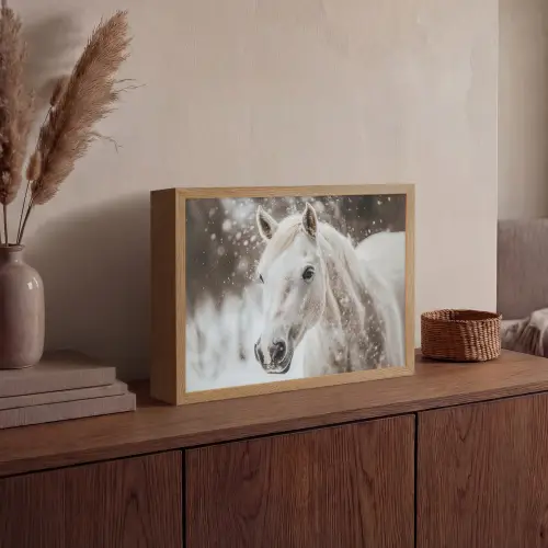 Paard - Wit - Winter - Natuur - Sneeuw - Dieren Light Box met batterij (Wandlamp) middel -sfeer2