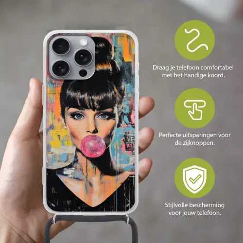 Kauwgom - Vrouw - Penseelstreken - Modern Hoesje iPhone 16 Pro Max met koord klein -sfeer2_NL