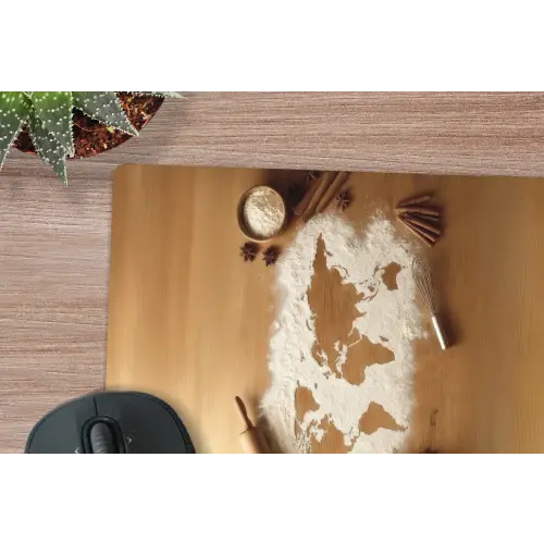 Hout - Wereldkaart - Bakken - Keuken muismat rubber klein -closeup