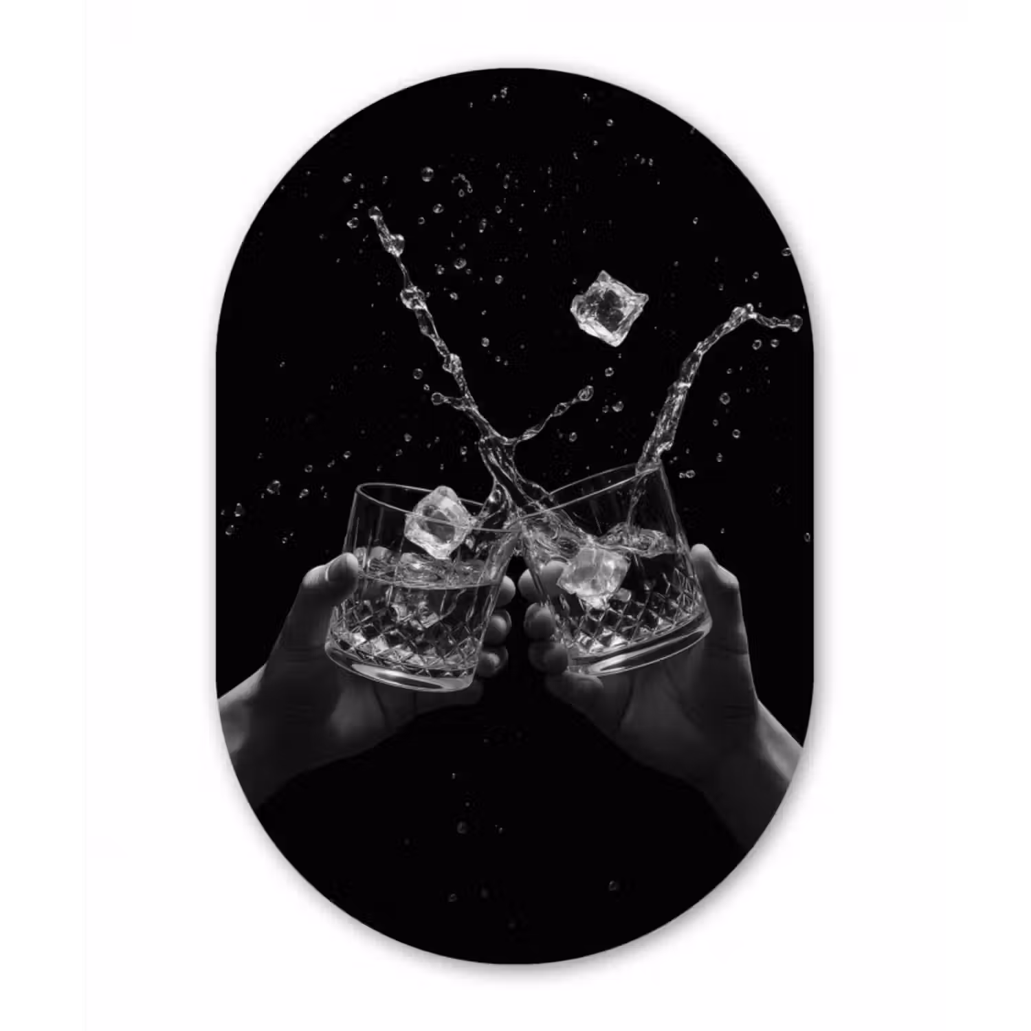 Glasbild Oval - Whiskygläser - Eis - Spritzer - Schwarz