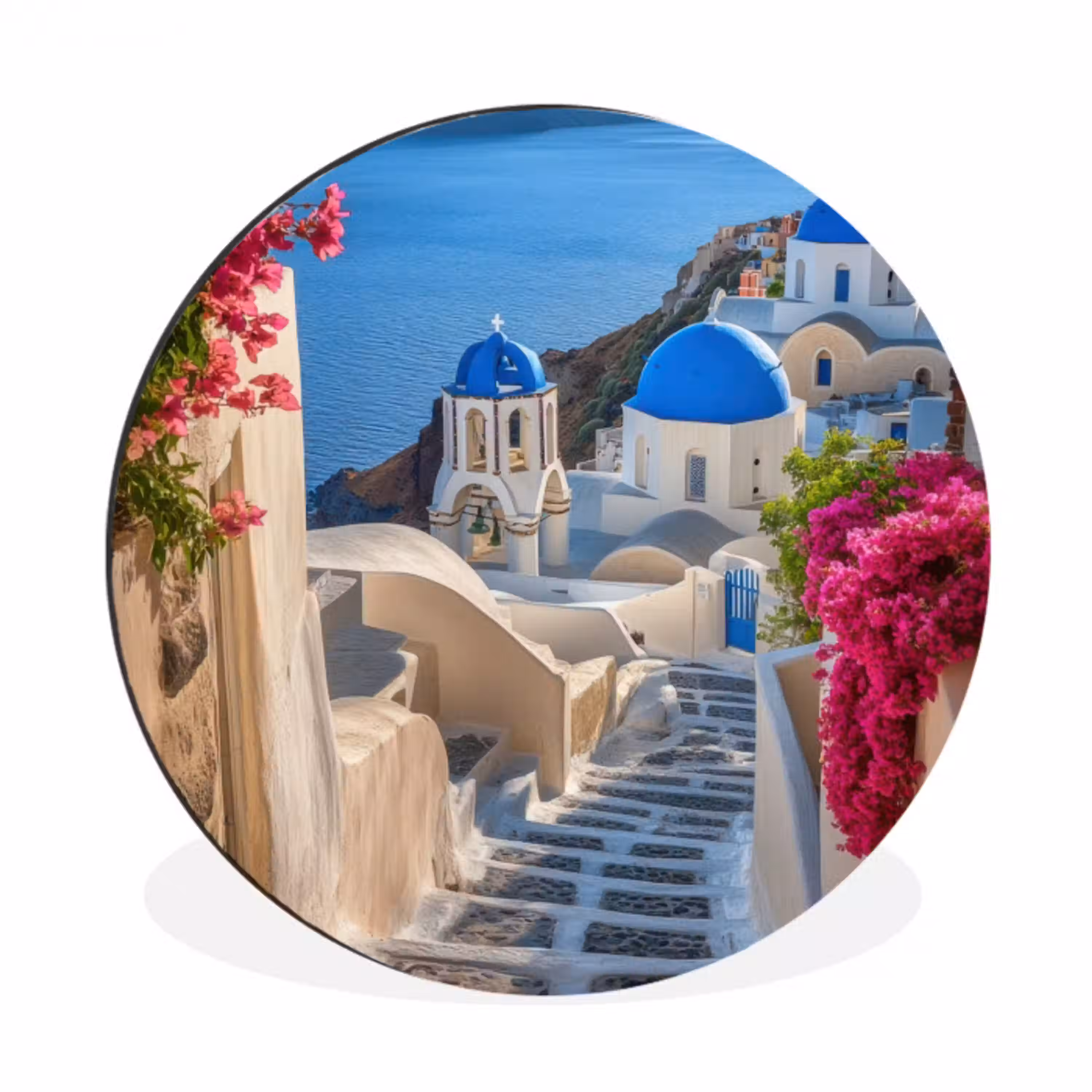 Santorini - Bloemen - Griekenland Wandcirkel aluminium klein -3d