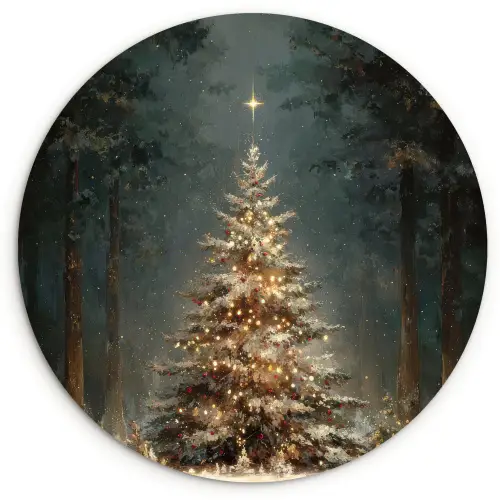 Kerstboom - Bos - Sneeuw - meerkleurig Wandcirkel kunststof plaat 5mm dik klein -3d
